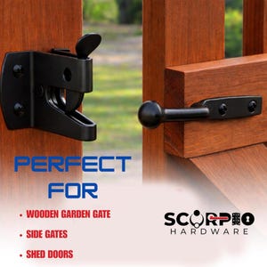 May include: A black metal gravity gate latch set mounted on a wooden gate. The hardware includes a strike plate with a thumb-operated lever and a separate latch arm with a rounded knob. The text SCORPIO HARDWARE is visible in the lower right corner.