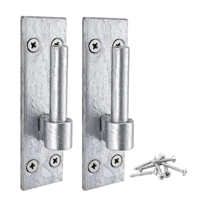 May include: Two rectangular silver-toned metal gate hinges with a textured finish, each featuring a vertical cylindrical pin and four pre-drilled holes with installed screws. A small pile of matching silver-toned metal screws is included.