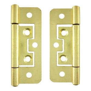 May include: Two brass-coloured metal hinges with a stepped, rectangular plate design. Each hinge features a central barrel and multiple pre-drilled screw holes arranged along the flat mounting surfaces for secure attachment to doors or cabinets.
