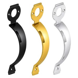 May include: Three curved metal door handles in black, gold, and silver finishes. Each handle features a circular mounting plate at the top with two screw holes and a rectangular mounting plate at the bottom with one screw hole for installation.