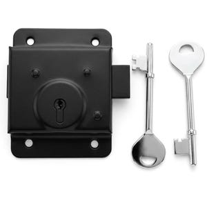 May include: A matte black rectangular rim lock with a central keyhole and four mounting holes, accompanied by two polished silver-toned skeleton keys. The lock mechanism features a protruding bolt on the right side and a smooth, uniform finish.