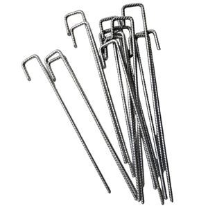 May include: A collection of silver-coloured metal U-shaped stakes featuring a textured, ribbed surface along the straight shafts. Each stake has a bent top section forming a hook, designed with a consistent industrial finish and metallic appearance.