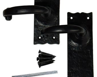 Manija de pestillo de puerta tradicional de hierro fundido negro antiguo con palanca, 1 par