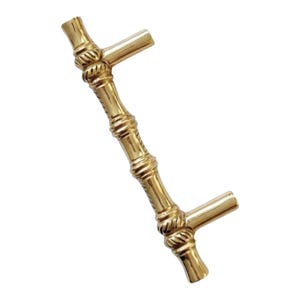 May include: A polished gold-toned cabinet handle featuring a textured bamboo-inspired design with segmented nodes and two cylindrical mounting posts extending from the back of the main bar to allow for attachment to a flat surface.