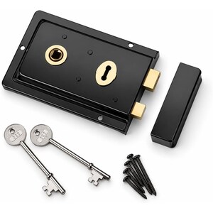 May include: A black rectangular rim lock with gold-toned hardware, including a central spindle hole and keyhole. The set includes two silver-coloured skeleton keys marked with the number 333, a black strike plate, and five black mounting screws.