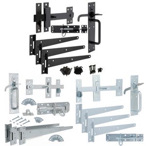 May include: A collection of gate hardware including black and silver metal T-hinges, latch sets, and slide bolts. The set features various mounting plates, handles, and assorted black and silver screws for installation on wooden gates or doors.