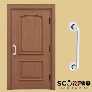 May include: A brown wooden door with two rectangular panels and three silver hinges, featuring a silver pull handle mounted on the door and a separate silver pull handle displayed to the right, with the text SCORPIO HARDWARE below.