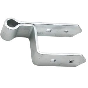 May include: A silver-colored metal gate hinge featuring a U-shaped bracket with two parallel arms. Each arm has a circular hole and a square hole for mounting. The hinge includes a cylindrical barrel at one end for a pivot pin connection.