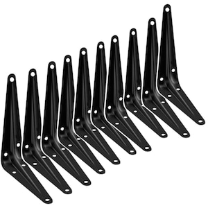 May include: A set of ten L-shaped metal shelf brackets in a matte black finish. Each bracket features a reinforced corner design with pre-drilled circular mounting holes along both arms, arranged in a graduated size sequence from smallest to largest.