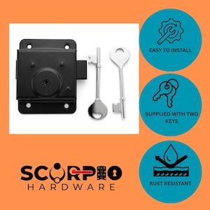 May include: A black rim lock with two silver keys. The image includes text: SCORPIO HARDWARE, EASY TO INSTALL, SUPPLIED WITH TWO KEYS, and RUST RESISTANT. The lock features a rectangular plate with four mounting holes and a central keyhole mechanism.
