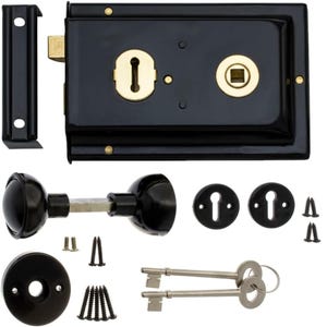 Rim Lock Knob Set, 6" x 4" Black Plastic Door Knobs, Rustic Barn Gate Hardware