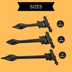 Traditional Black Antique Cast Iron Spear Ornate Decorative Tee Hinges Pair