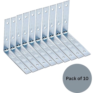 May include: A set of ten silver-coloured metal L-shaped corner braces arranged in a row. Each bracket features a flat, right-angled design with multiple pre-drilled circular holes along both arms for mounting. The text Pack of 10 is visible.