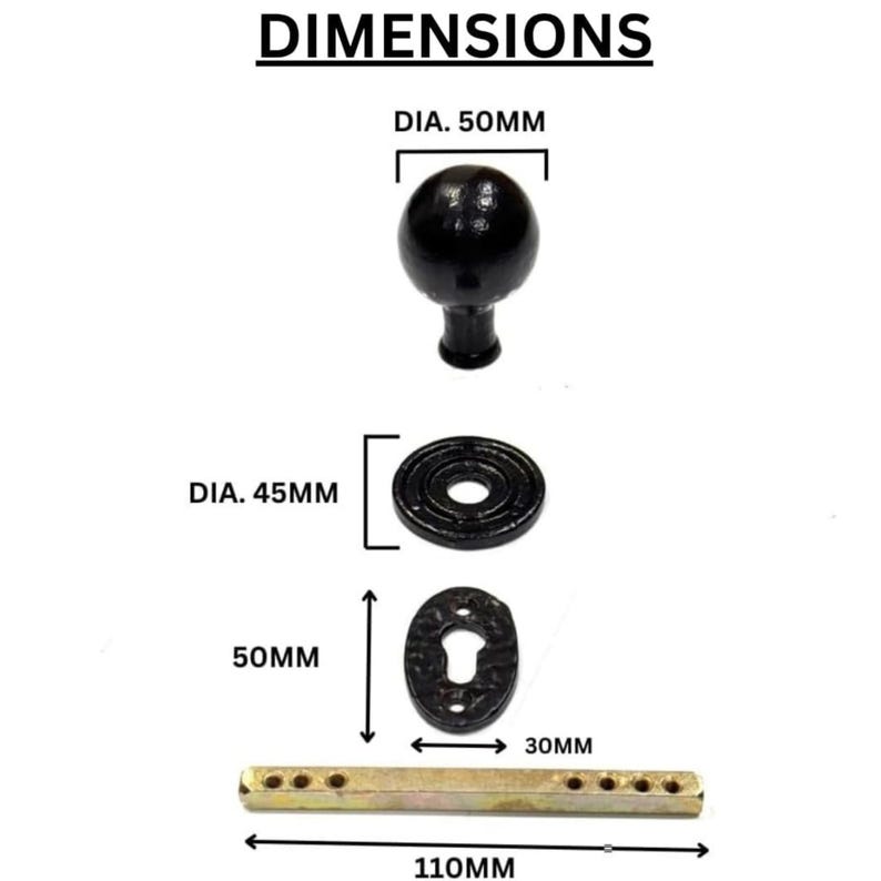 Puede incluir: Un pomo de puerta esf&eacute;rico negro de 50 mm de di&aacute;metro, una placa circular de 45 mm de di&aacute;metro, una placa de bocallave ovalada de 50 mm por 30 mm y un eje met&aacute;lico de 110 mm de largo. La imagen muestra estos componentes con sus dimensiones.