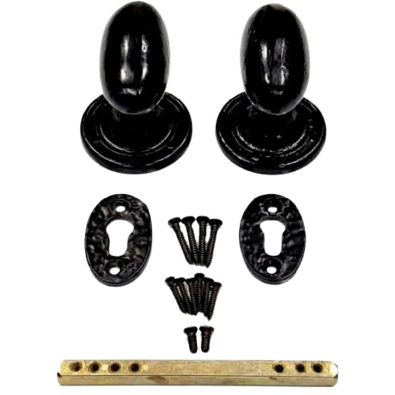 Pomos de puerta negros redondos ovalados octogonales de hierro fundido estilo Tudor antiguo con borde o embutido. Oval Knob