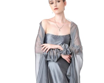 Silver Grey Evening  Silk Chiffon Stole/ Wrap/ Shawl with semi-sleeves