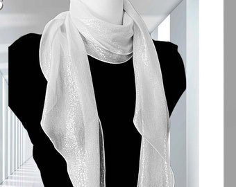 Silver-on-White Metallic Scarf with tapered ends (silk/ lurex blend) / Trinny Scarf, Evening Glamor