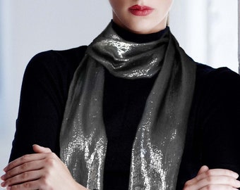 Silver-on-Black Metallic Scarf with tapered ends (silk/ lurex blend) / Tiered discounts