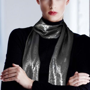 Silver-on-Black Metallic Scarf with tapered ends (silk/ lurex blend) / Tiered discounts