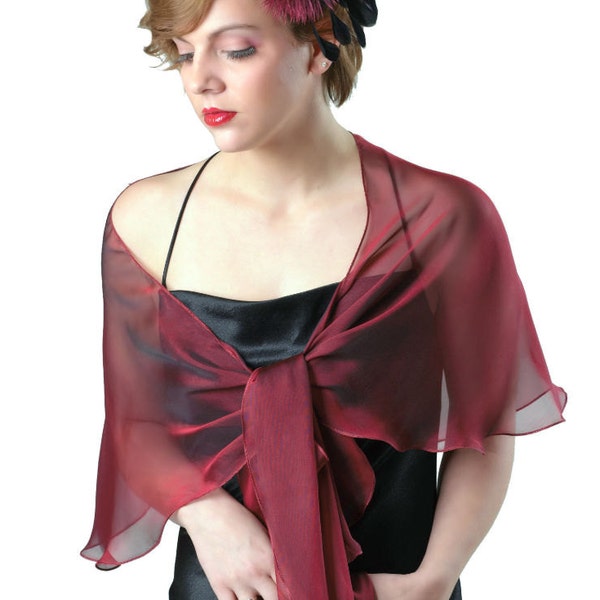 Burgundy - Black Evening Silk Chiffon Wrap - Scarf .