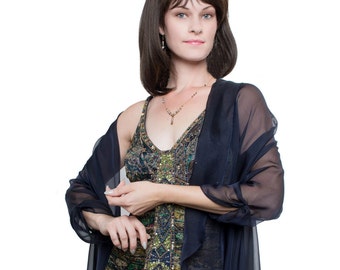 Navy Evening  Silk Chiffon Stole/ Wrap/ Shawl with semi-sleeves