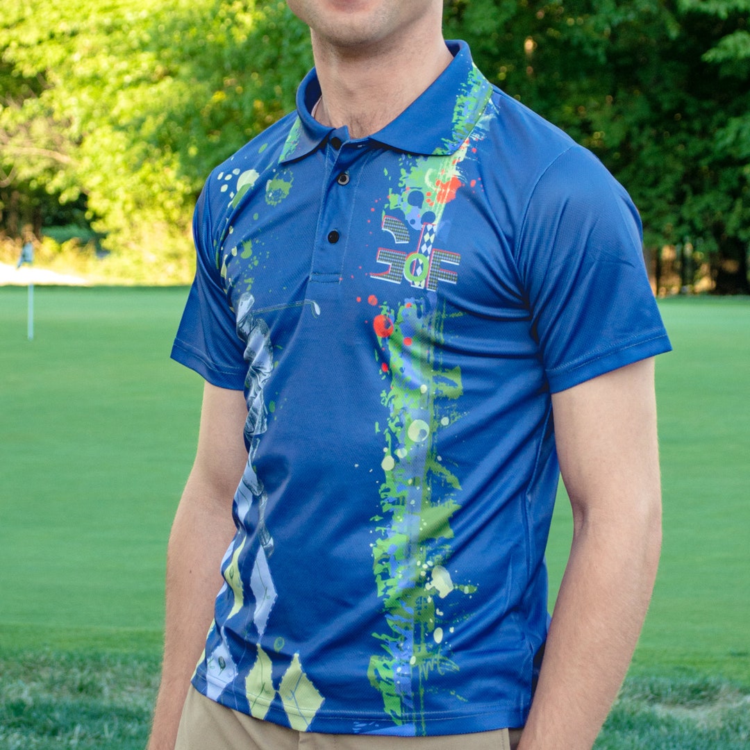 Mens Golf Polo Shirt. Print Featuring Argyle and Handdrawn Golf