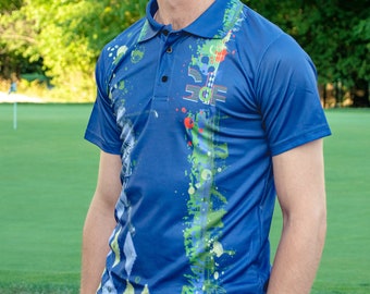 Mens Golf Polo Shirt. Print featuring argyle and hand-drawn golf elements