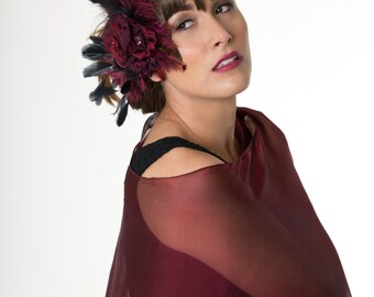 Burgundy-Black Evening Fascinator/ Scarf Clip with Black Feathers