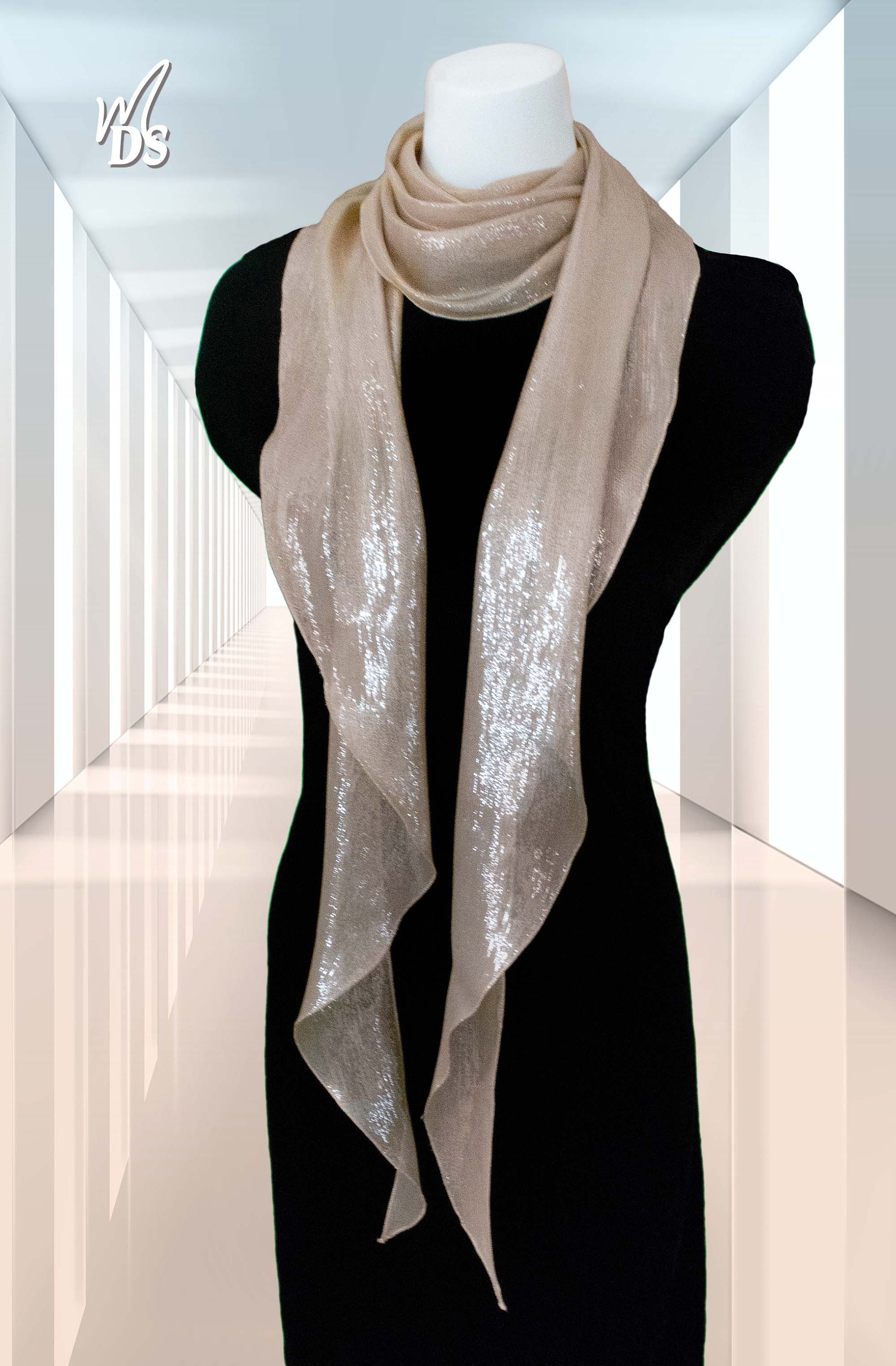 Silver-on-black Metallic Scarf With Tapered Ends (silk