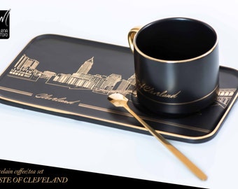 TASTE OF CLEVELAND – Black /White Porcelain Coffee/Tea Cup with Plate and Golden Spoon (Set 3 pieces)