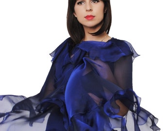 SHAWL KAMELIA. Dark Blue Silk Chiffon Wrap with Flounces