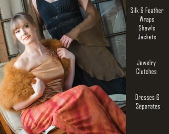 May include: Two women wearing formal evening wear. The woman on the left is wearing a long, rust-colored dress with a brown feather boa. The woman on the right is wearing a black dress with a brown shawl. The text "Moda Soiree Evening & Formal www.ModaSoiree.com" is at the bottom of the image. The text "Cleveland Ballet Boutique" is at the top of the image. The text "Silk & Feather Wraps Shawls Jackets Jewelry Clutches Dresses & Separates" is on the right side of the image.