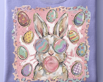 Glitter Bunny Easter PNG – Retro Bubblegum Bunny med solglasögon och färgglada påskägg, sublimeringsdesign | Handmålad png-design