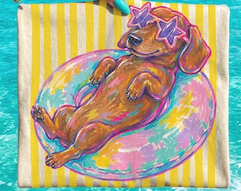 Cool sommartröja för tax | Retro t-shirt med flytande väska för wienerhund | Söt t-shirt med solglasögon för Doxie | Gåva för hundälskare på stranden | Barntröja