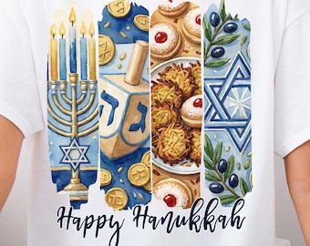 Glad Hanukkah PNG | Akvarell penseldrag sublimeringsdesign | Menorah, Dreidel, Latkes och Davidsstjärna Clipart | Hanukkah-skjorta
