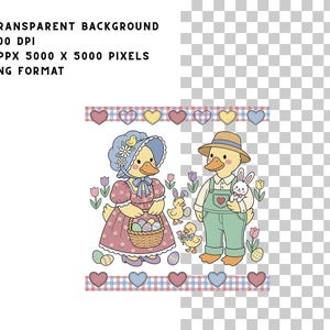 May include: An Easter-themed illustration featuring two anthropomorphic ducks. One duck wears a bonnet and holds a basket of eggs, while the other wears overalls and holds a bunny. The image has a transparent background and includes text: TRANSPARENT BACKGROUND, 300 DPI, APPX 5000 X 5000 PIXELS, PNG FORMAT.