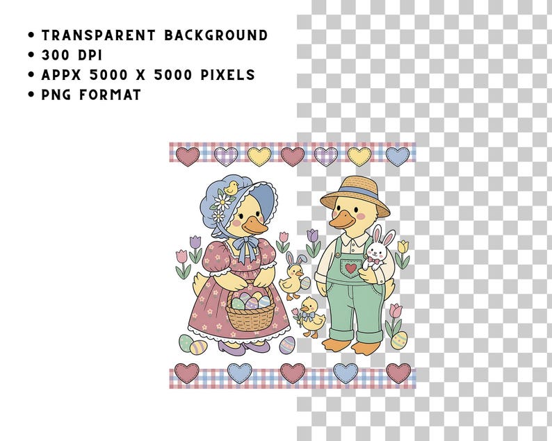 May include: An Easter-themed illustration featuring two anthropomorphic ducks. One duck wears a bonnet and holds a basket of eggs, while the other wears overalls and holds a bunny. The image has a transparent background and includes text: TRANSPARENT BACKGROUND, 300 DPI, APPX 5000 X 5000 PIXELS, PNG FORMAT.