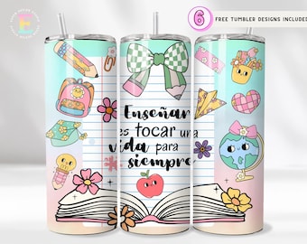 Spanish Teacher Tumbler Wrap PNG, Kawaii Back to School Digital Download, 20 oz Skinny Tumbler Sublimation, Cute Teacher Gift Idea