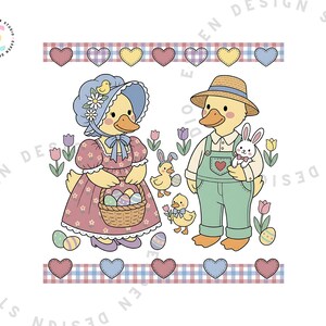 May include: A whimsical illustration featuring two anthropomorphic ducks, one in a bonnet and dress holding a basket of Easter eggs, the other in overalls and a straw hat holding a bunny. The image has a pastel color palette with hearts and floral accents.