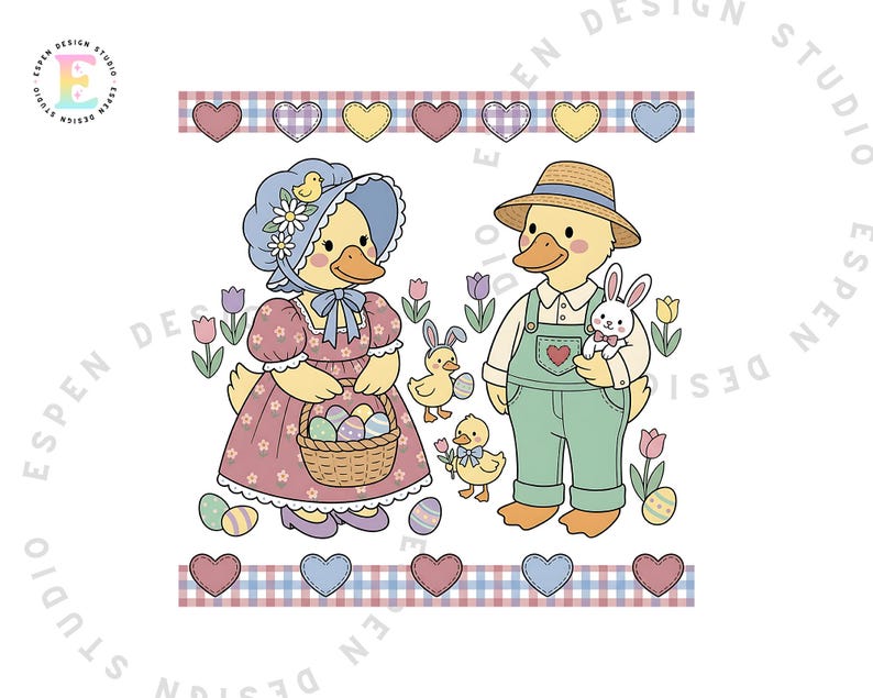 May include: A whimsical illustration featuring two anthropomorphic ducks, one in a bonnet and dress holding a basket of Easter eggs, the other in overalls and a straw hat holding a bunny. The image has a pastel color palette with hearts and floral accents.
