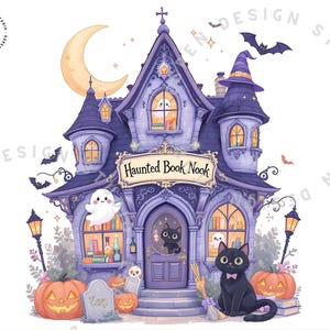 Haunted Fall Bookstore PNG: Spooky Ghosts, Cozy Library Design (Digital Download)