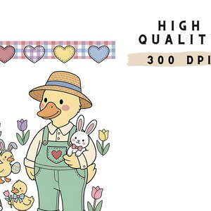May include: An illustrated Easter-themed design featuring anthropomorphic ducks in farmer attire, a bunny, and chicks. The ducks are surrounded by tulips and hold Easter eggs. The image includes the text "HIGH QUALITY 300 DPI" and a decorative heart border.