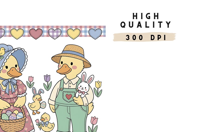 May include: An illustrated Easter-themed design featuring anthropomorphic ducks in farmer attire, a bunny, and chicks. The ducks are surrounded by tulips and hold Easter eggs. The image includes the text "HIGH QUALITY 300 DPI" and a decorative heart border.