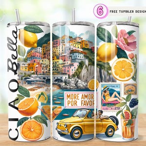 Ciao Bella Italy Tumbler Wrap PNG, Vintage Summer 20oz Skinny Tumbler Design, Amalfi Coast Travel Wrap, Lemon Citrus Retro Car Art