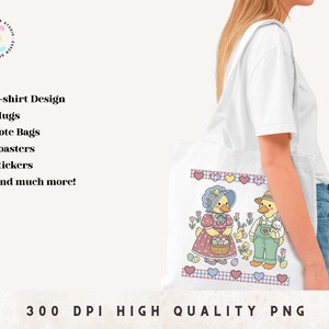 May include: A white tote bag featuring a colorful illustration of two ducks in Easter attire, surrounded by hearts and flowers. The bag also lists design options: T-shirt, mugs, tote bags, coasters, stickers, and more. The text "300 DPI HIGH QUALITY PNG" is at the bottom.