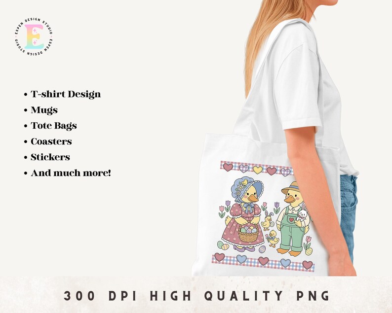 May include: A white tote bag featuring a colorful illustration of two ducks in Easter attire, surrounded by hearts and flowers. The bag also lists design options: T-shirt, mugs, tote bags, coasters, stickers, and more. The text "300 DPI HIGH QUALITY PNG" is at the bottom.