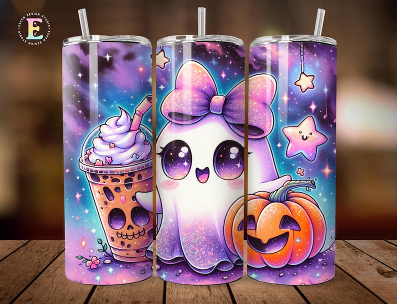 May include: Three Halloween-themed tumblers with a purple and blue galaxy background. One tumbler features a skull-shaped drink, another a cute ghost with a bow and pumpkin, and the third a star. Each tumbler has a straw.