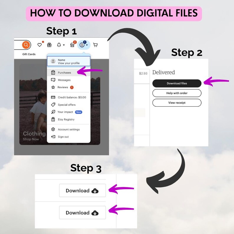 Puede incluir: Una gu&iacute;a sobre c&oacute;mo descargar archivos digitales, con los pasos 1, 2 y 3. El paso 1 muestra la opci&oacute;n "Compras". El paso 2 muestra el bot&oacute;n "Descargar archivos". El paso 3 muestra dos botones "Descargar". El t&iacute;tulo dice "C&Oacute;MO DESCARGAR ARCHIVOS DIGITALES".