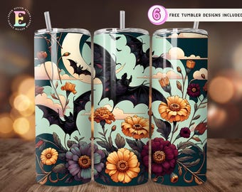 Gothic Bat Tumbler Wrap, Halloween Bats 20 Oz Skinny Sublimation Tumbler PNG, Spooky Spider Web Floral Tumbler Design Download