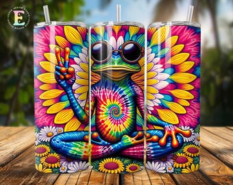 Frog Peace Sign Tumbler wrap, Hippie Frog PNG, Tie Dye Peace Sublimation Design, Groovy Boho Frog Retro 70s Digital Download